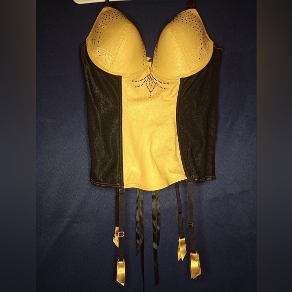 Vintage Fredericks Of Hollywood Gold and Black Bustier with Rhinestone Detail - Picture 1 of 13